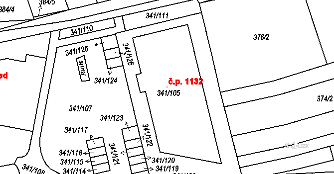 Maloměřice 1132, Brno na parcele st. 341/105 v KÚ Maloměřice, Katastrální mapa