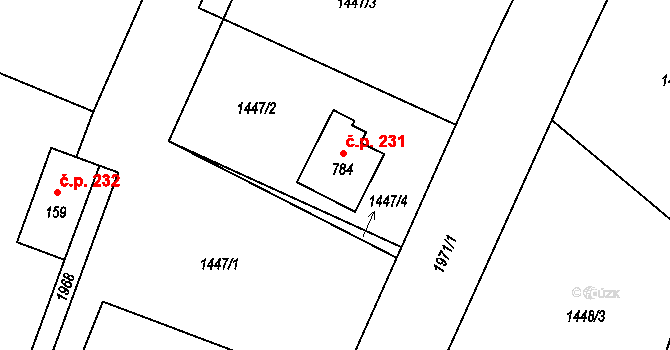 Konská 231, Třinec na parcele st. 784 v KÚ Konská, Katastrální mapa