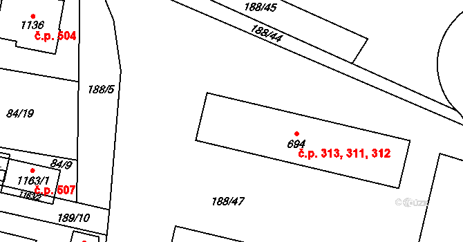 Odolena Voda 311,312,313 na parcele st. 694 v KÚ Odolena Voda, Katastrální mapa