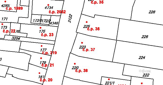 Čelákovice 37 na parcele st. 223 v KÚ Čelákovice, Katastrální mapa