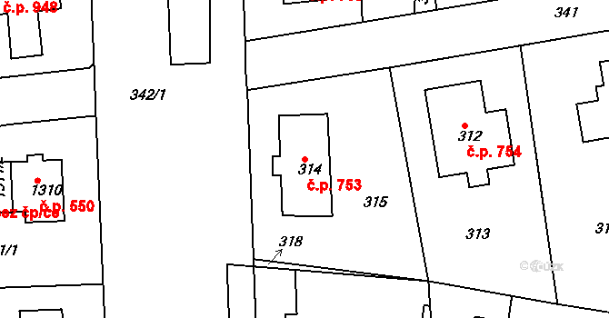 Roztoky 753 na parcele st. 314 v KÚ Roztoky u Prahy, Katastrální mapa