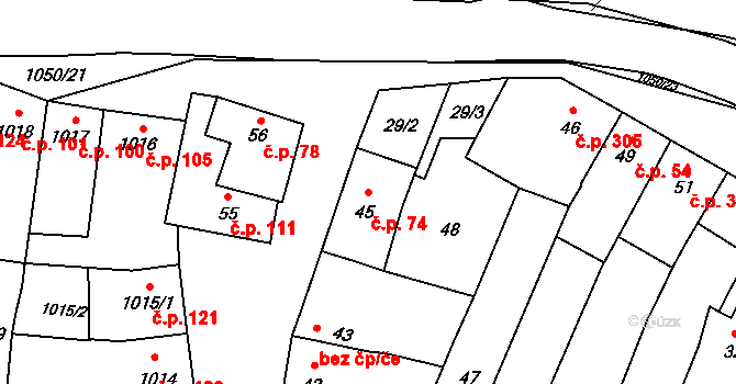 Sokolnice 74 na parcele st. 45 v KÚ Sokolnice, Katastrální mapa