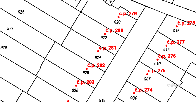 Hrušovany u Brna 281 na parcele st. 924 v KÚ Hrušovany u Brna, Katastrální mapa