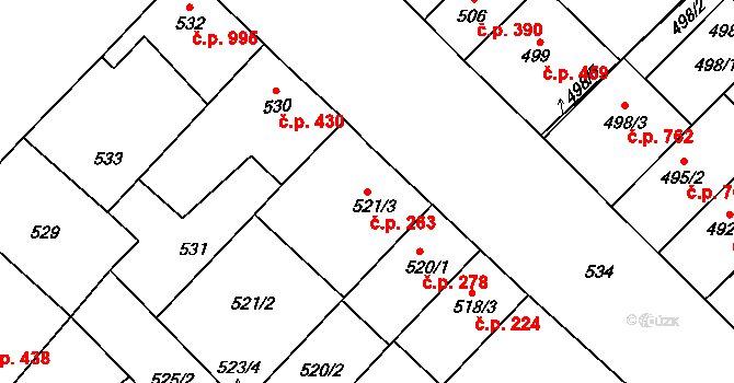 Lužice 263 na parcele st. 521/3 v KÚ Lužice u Hodonína, Katastrální mapa