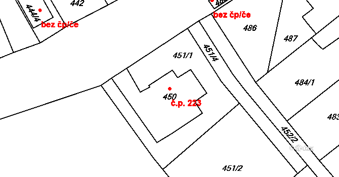 Loděnice 223 na parcele st. 450 v KÚ Loděnice u Berouna, Katastrální mapa