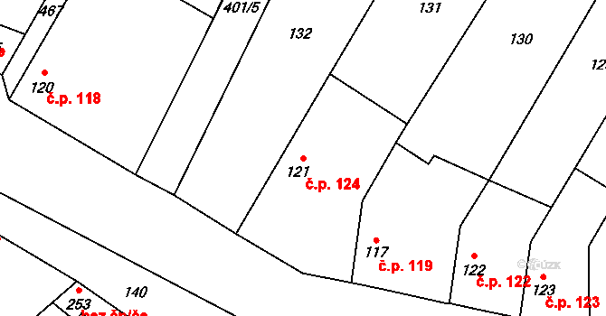 Lounky 124, Chodouny na parcele st. 121 v KÚ Lounky, Katastrální mapa