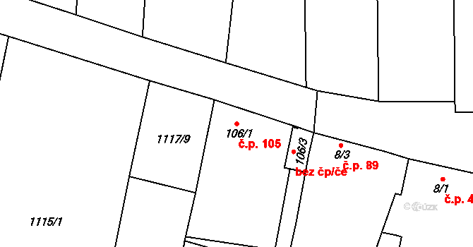 Brníkov 105, Mšené-lázně na parcele st. 106/1 v KÚ Brníkov, Katastrální mapa