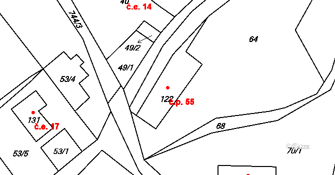 Touchořiny 55, Lovečkovice na parcele st. 122 v KÚ Touchořiny, Katastrální mapa