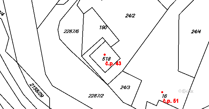 Horní Lideč 43 na parcele st. 518 v KÚ Horní Lideč, Katastrální mapa