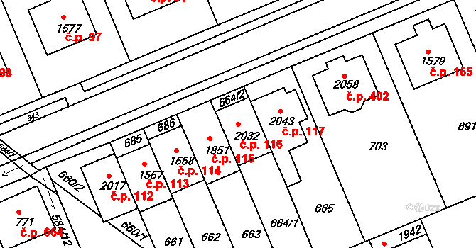 Týn 116, Třebíč na parcele st. 2032 v KÚ Podklášteří, Katastrální mapa