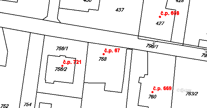 Skřečoň 67, Bohumín na parcele st. 758 v KÚ Skřečoň, Katastrální mapa