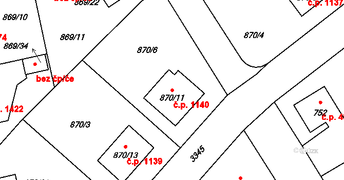 Pelhřimov 1140 na parcele st. 870/11 v KÚ Pelhřimov, Katastrální mapa