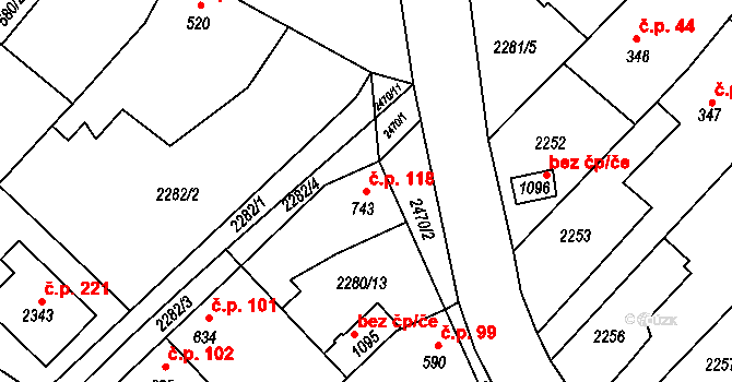 Pecínov 118, Nové Strašecí na parcele st. 743 v KÚ Nové Strašecí, Katastrální mapa