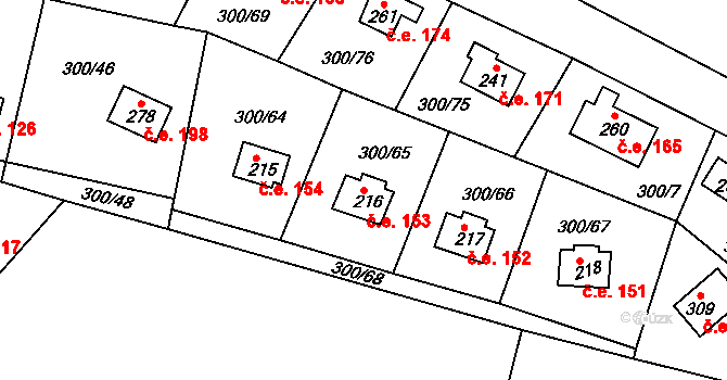 Račice 153 na parcele st. 216 v KÚ Račice nad Berounkou, Katastrální mapa