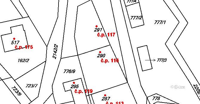 Študlov 116 na parcele st. 290 v KÚ Študlov, Katastrální mapa