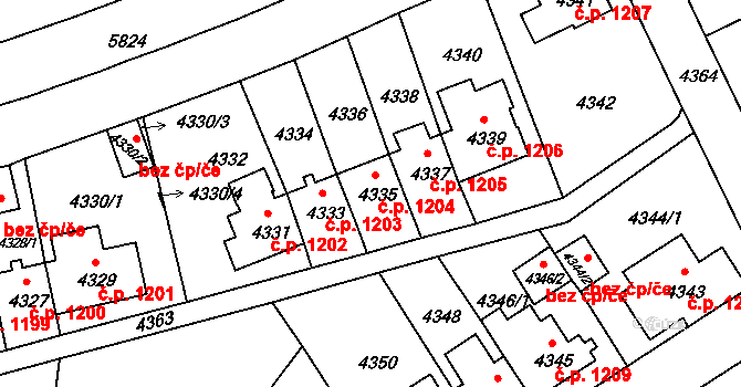 Záběhlice 1204, Praha na parcele st. 4335 v KÚ Záběhlice, Katastrální mapa