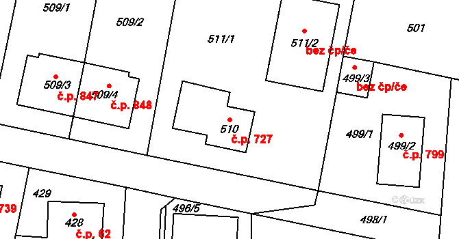 Kbely 727, Praha na parcele st. 510 v KÚ Kbely, Katastrální mapa