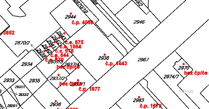 Chomutov 1443 na parcele st. 2938 v KÚ Chomutov I, Katastrální mapa