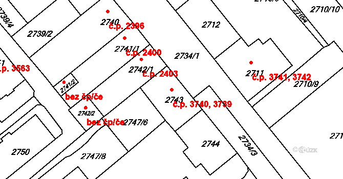 Chomutov 3739,3740 na parcele st. 2743 v KÚ Chomutov II, Katastrální mapa