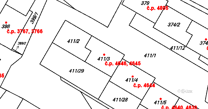 Chomutov 4645,4646 na parcele st. 411/3 v KÚ Chomutov I, Katastrální mapa