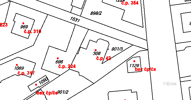 Plácky 42, Hradec Králové na parcele st. 306 v KÚ Plácky, Katastrální mapa