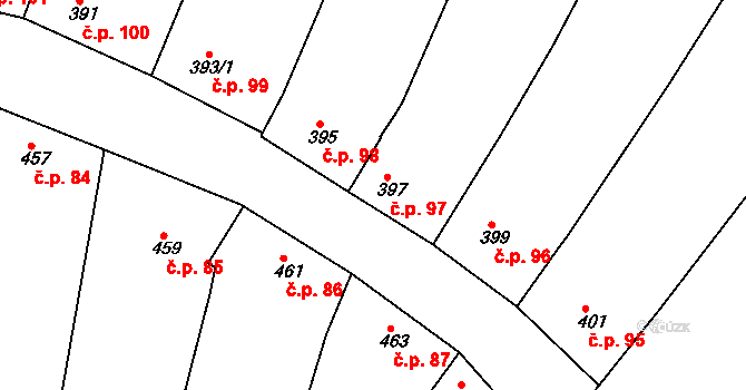 Blučina 97 na parcele st. 397 v KÚ Blučina, Katastrální mapa