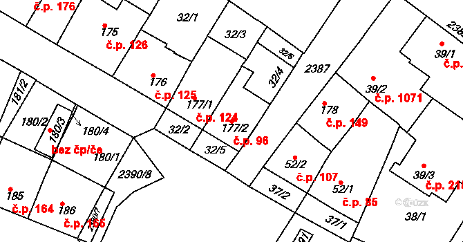 Rosice 96 na parcele st. 177/2 v KÚ Rosice u Brna, Katastrální mapa