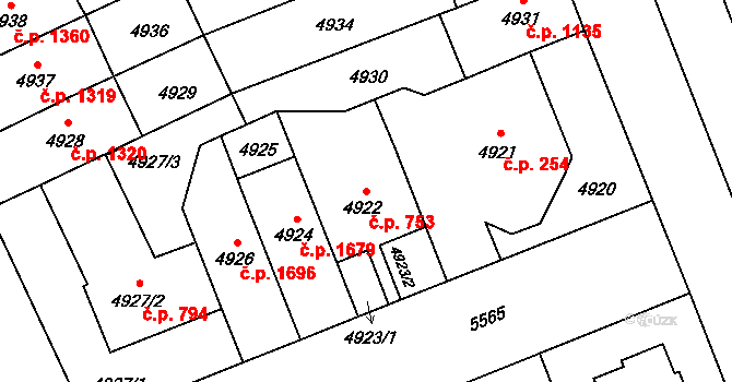 Východní Předměstí 753, Plzeň na parcele st. 4922 v KÚ Plzeň, Katastrální mapa