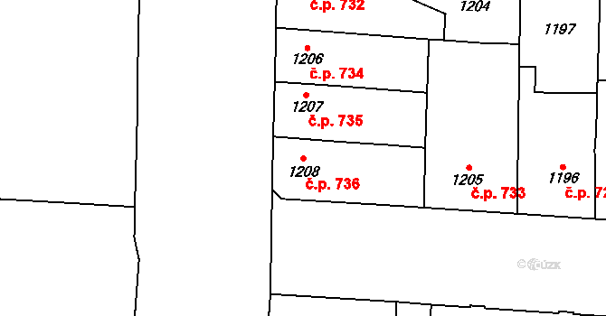 Prostějov 736 na parcele st. 1208 v KÚ Prostějov, Katastrální mapa