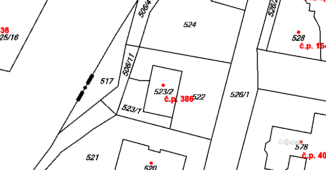 Senec 386, Zruč-Senec na parcele st. 523/2 v KÚ Senec u Plzně, Katastrální mapa