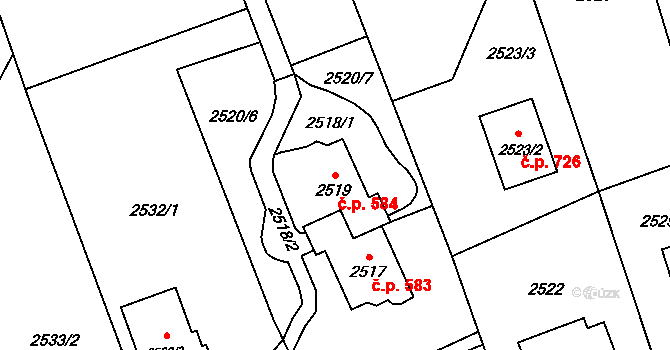 Jaktař 584, Opava na parcele st. 2519 v KÚ Jaktař, Katastrální mapa
