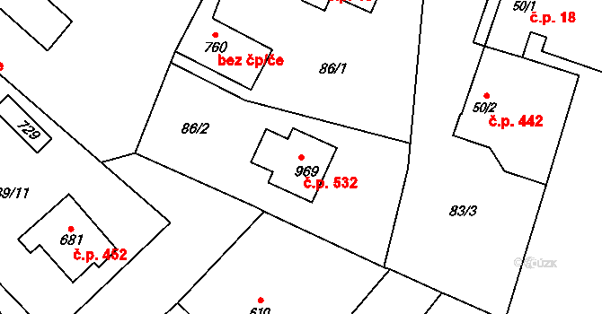 Sendražice 532, Kolín na parcele st. 969 v KÚ Sendražice u Kolína, Katastrální mapa