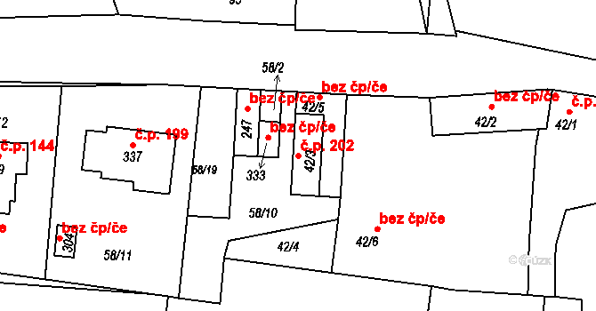 Kozárovice 202 na parcele st. 42/3 v KÚ Kozárovice, Katastrální mapa