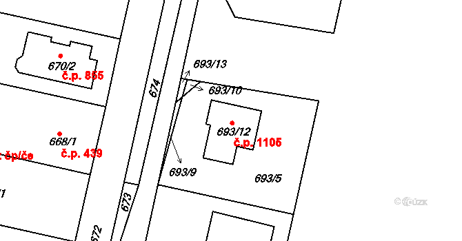 Černice 1105, Plzeň na parcele st. 693/12 v KÚ Bručná, Katastrální mapa