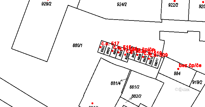 Bučovice 517 na parcele st. 880/2 v KÚ Bučovice, Katastrální mapa
