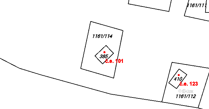 Hillův Mlýn 101, Kytlice na parcele st. 385 v KÚ Falknov, Katastrální mapa