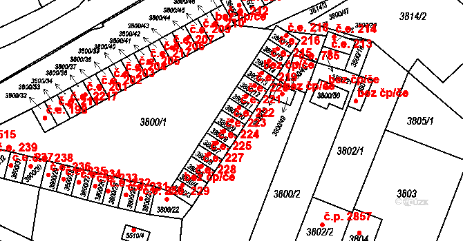 Znojmo 222 na parcele st. 3800/9 v KÚ Znojmo-město, Katastrální mapa