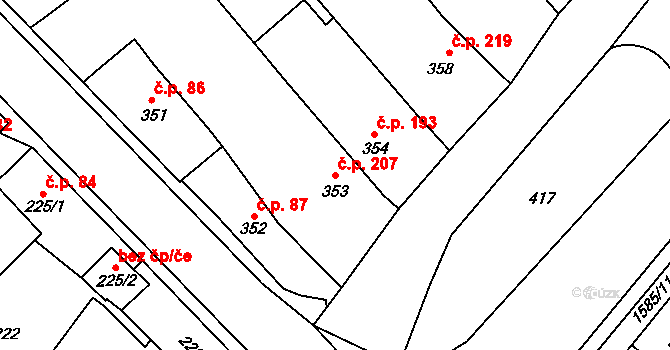 Měřín 207 na parcele st. 353 v KÚ Měřín, Katastrální mapa