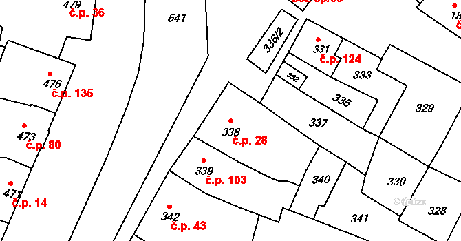 Milešovice 28 na parcele st. 338 v KÚ Milešovice, Katastrální mapa