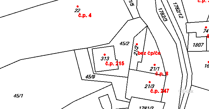 Březůvky 215 na parcele st. 313 v KÚ Březůvky, Katastrální mapa