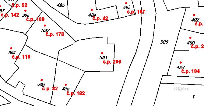 Kobeřice u Brna 206 na parcele st. 391 v KÚ Kobeřice u Brna, Katastrální mapa
