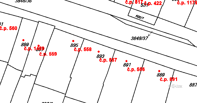 Kunovice 557 na parcele st. 893 v KÚ Kunovice u Uherského Hradiště, Katastrální mapa