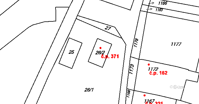 Lovčice 371 na parcele st. 26/2 v KÚ Lovčice u Kyjova, Katastrální mapa