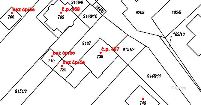 Hostěradice 487 na parcele st. 738 v KÚ Hostěradice na Moravě, Katastrální mapa