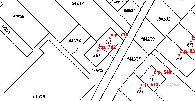 Kvasice 712 na parcele st. 910 v KÚ Kvasice, Katastrální mapa