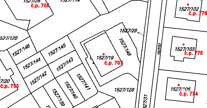 Protivín 707 na parcele st. 1527/19 v KÚ Protivín, Katastrální mapa