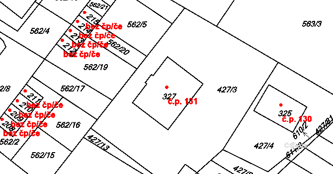 Horní Bělá 131 na parcele st. 327 v KÚ Horní Bělá, Katastrální mapa