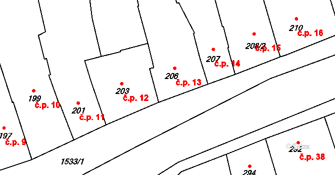 Koloveč 13 na parcele st. 206 v KÚ Koloveč, Katastrální mapa