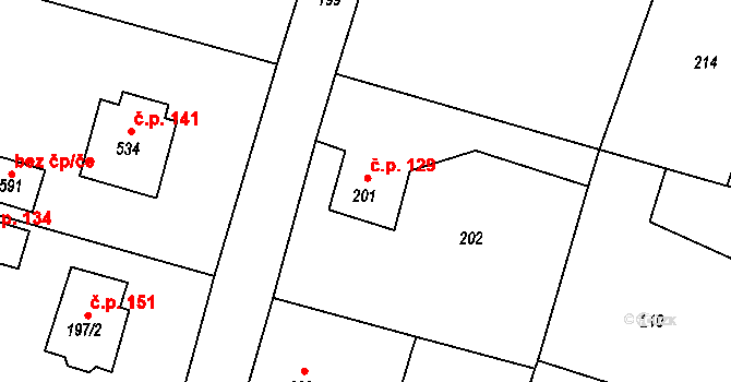 Bušovice 129 na parcele st. 201 v KÚ Bušovice, Katastrální mapa