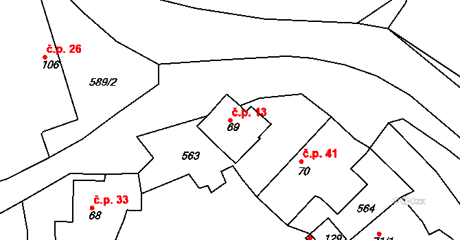 Kamenec 13 na parcele st. 69 v KÚ Kamenec u Radnic, Katastrální mapa